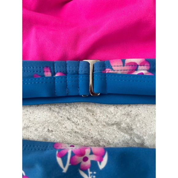 Youth Girls 2 Piece Bikini Swimsuit Set  Blue & Hot Pink Floral Pattern- Size 14 - Picture 6 of 9